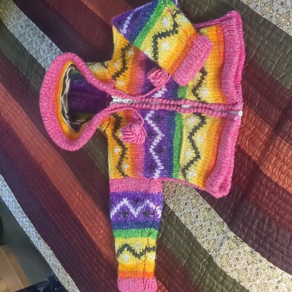 Handmade knit cowichan style boho rainbow wool zip front hooded baby sweater - Picture 3 of 16
